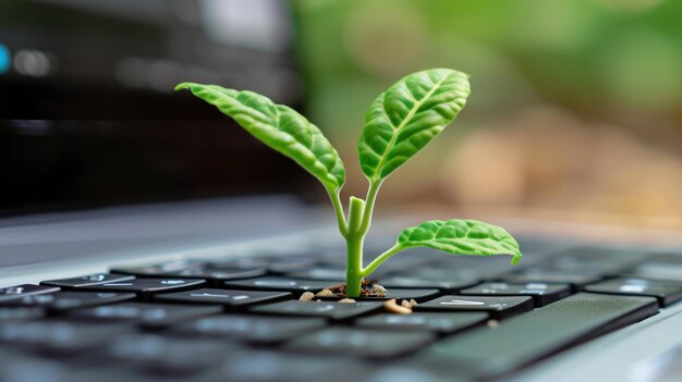 Photo generative ai plant growing from the laptop keyboard ecology and environment concept