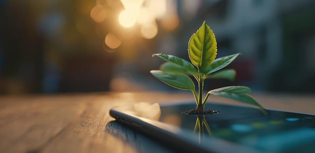 Generative AI Plant growing from the smartphone screen Ecology and environment concept