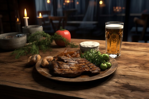 Generative AI on a plate a piece of cooked meat and a glass of beer