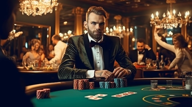 Generative AI and poker players using cards in a casino