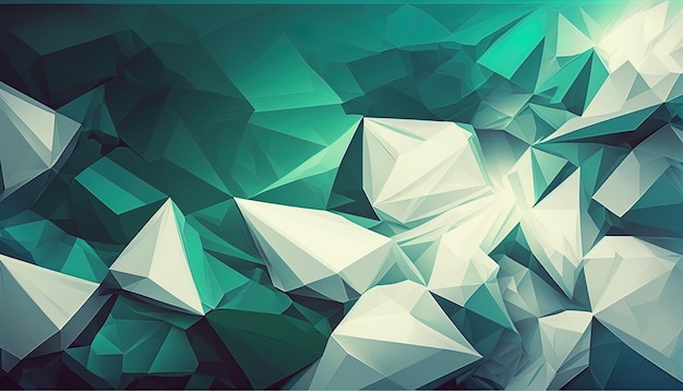 Generative AI Polygonal high resolution pattern for background white and teal and green flares Abstract hexagonal polygonal low poly triangular high resolution futuristic green energetic background