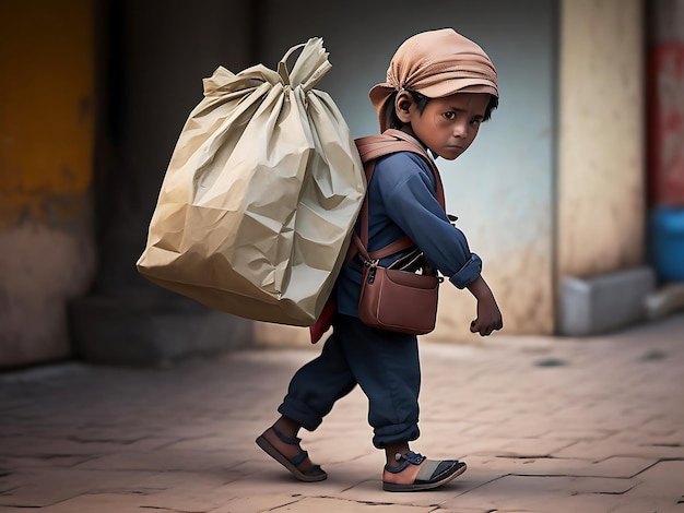 아동 노동을 나타내는 가방 이미지를 들고 있는 가난한 아이의 생성 AI