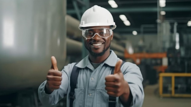Генеративный ИИ-портрет чернокожего американца-инженера, улыбающегося и поднимающего большой палец вверх в промышленной отрасли
