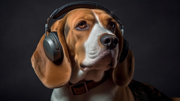 Generative AI portrait of a cheerful beagle listening to music