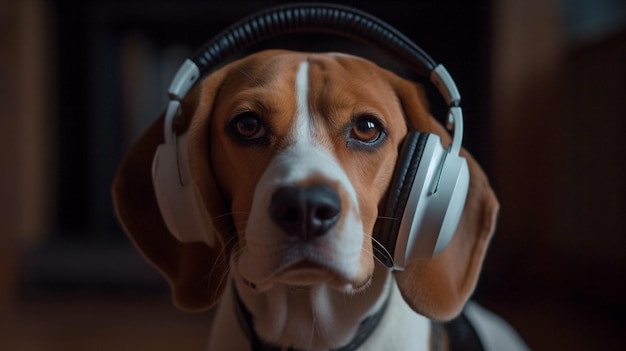 Generative AI portrait of a cheerful beagle listening to music