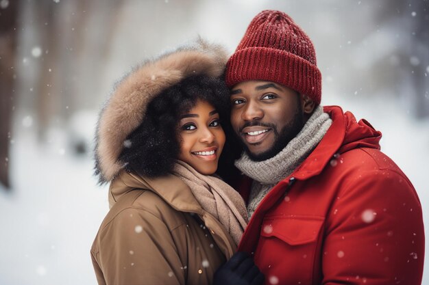 冬の雪の日,外でロマンチックな感情を楽しみながら抱きしめる陽気で美しいカップルの生成的なAI肖像画