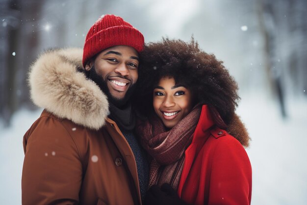 冬の雪の日,外でロマンチックな感情を楽しみながら抱きしめる陽気で美しいカップルの生成的なAI肖像画