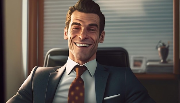 Photo generative ai portrait of a cheerful guy boss holding a mobile phone and seated at his desk