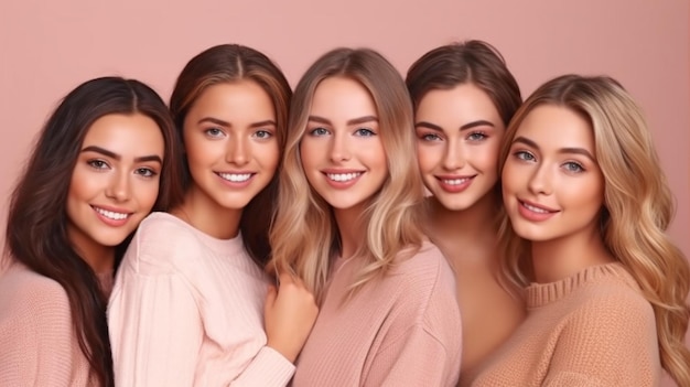 Generative AI portrait depicts a group of young thin females wearing beige undergarments grinning and posing in front of a pink background