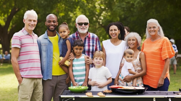 Photo generative ai portrait of an extended family standing at a park bbq