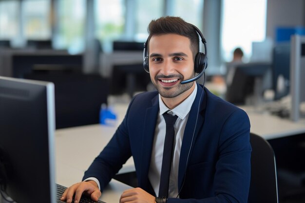 Generative AI Portrait of the face of a young businessman working in the office wearing a headset