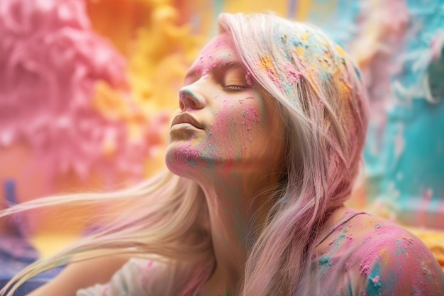 Generative AI portrait of fancy visage woman celebration youth festival colorful bright vivid body powder on face hinduism makeup