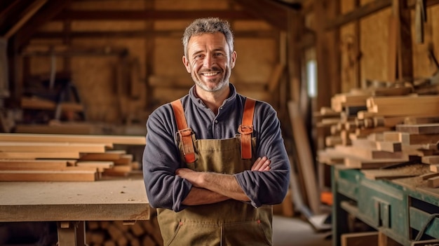 Generative AI portrait of a guy carpenter using wood in a workshop