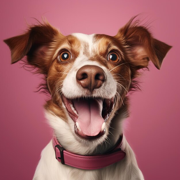 Generative AI Portrait of a happy dog looking at the camera with mouth open on pink background