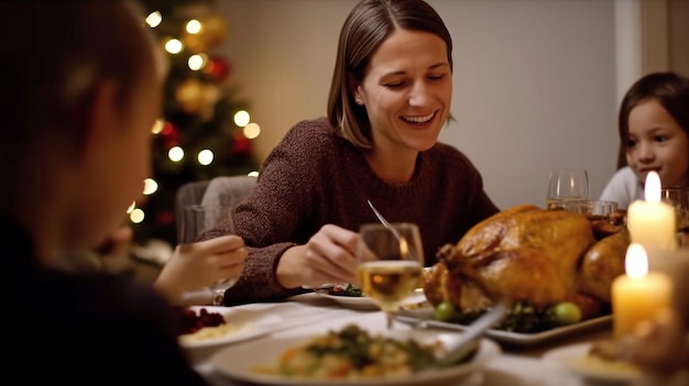 Generative AI portrait of a happy mother enjoying a Christmas lunch at the dining table