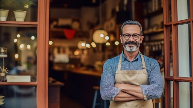 Ritratto di intelligenza artificiale generativa di un felice proprietario di un ristorante in piedi davanti a un bar con un'insegna aperta