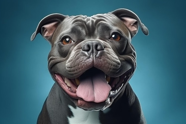 Generative AI Portrait happy smiling american bully dog Isolated on blue background