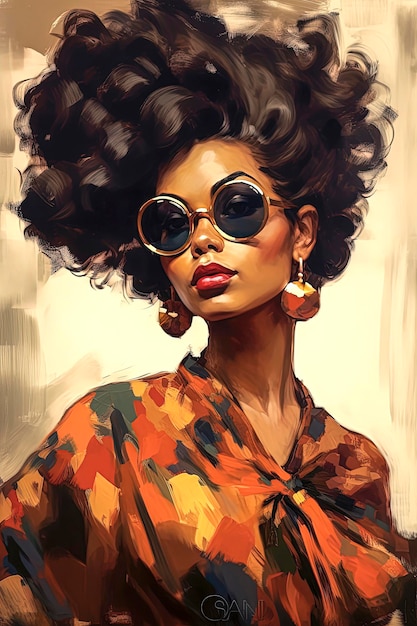 Generative AI portrait illustration of beautiful black girl surrounded by colors Fashion illustration style