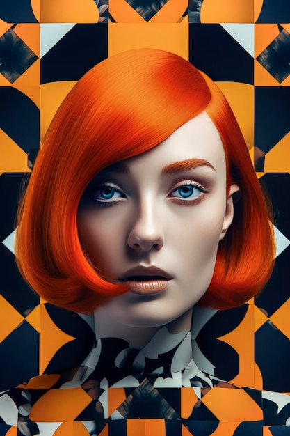 Generative AI portrait illustration of beautiful redhaired girl in retro futuristic style
