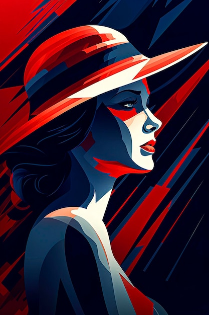 Generative AI portrait illustration of sophisticated beautiful woman in hat dressed in couture