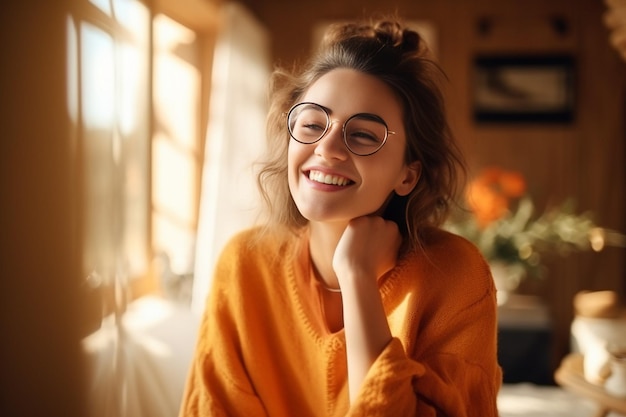 Generative AI Portrait of joyful young woman enjoying a cup of coffee at home Smiling pretty girl