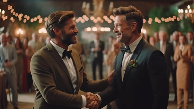 Foto ritratto di ia generativa di una coppia gay maschile che balla insieme e si tiene per mano durante una cerimonia di matrimonio