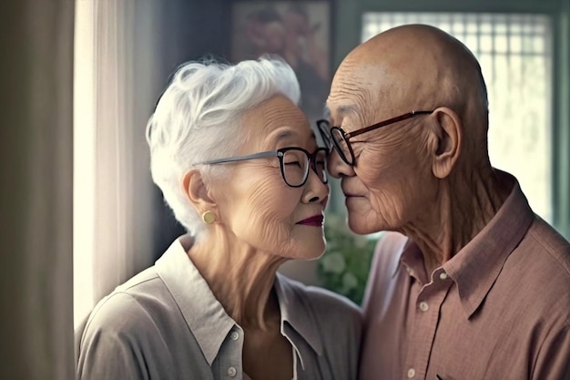 Generative ai portrait of romantic cute senior mixed race couple at home kissing