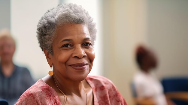 Generative AI portrait of a senior black woman sitting in a circle at a mental health support group in a retirement home