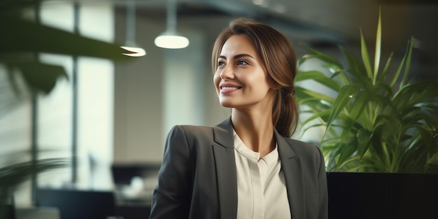 Генеративный ИИ Портрет улыбающейся деловой женщины, стоящей за столом в офисе