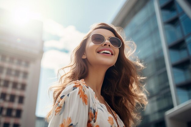 Generative ai portrait of smiling woman looking up on great modern buildings megapolis attractive