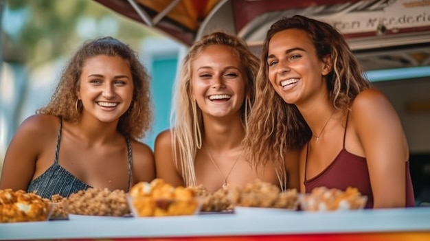 Generative AI portrait of three stunning young women purchasing meatballs from a food truck in the park