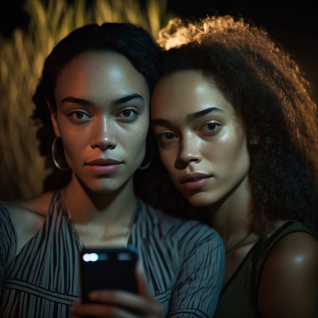 Generative ai portrait two women sisters posing looking camera strong and confident using smartphone