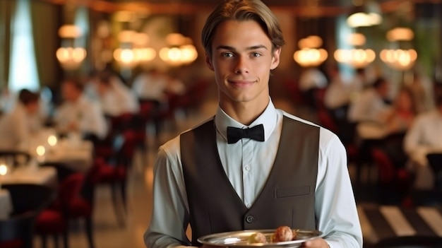 Генеративный ИИ-портрет официанта в холле ресторана, держащего поднос с заказами