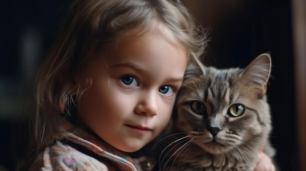 Generative AI portrait of a young adorable youngster who is kind to cats and beams with joy