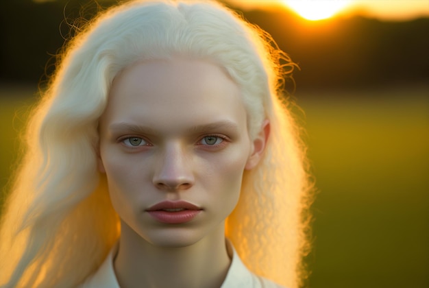 Генеративный портрет ИИ молодой женщины-альбины на открытом воздухе с подсветкой