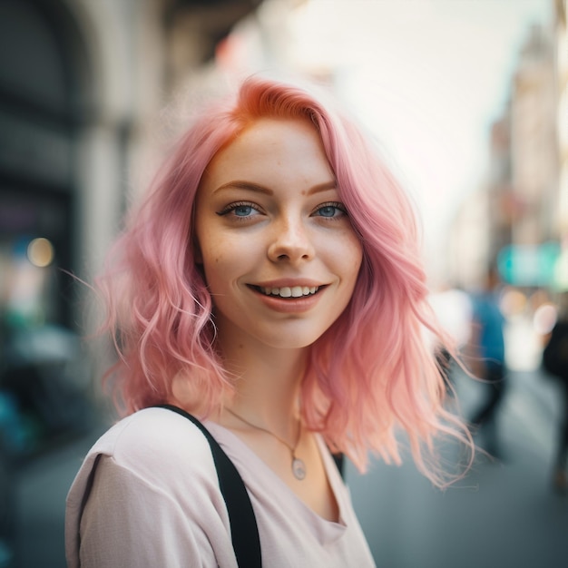 Generative ai portrait young asiatic rebel pink hair woman looking camera serene and confident