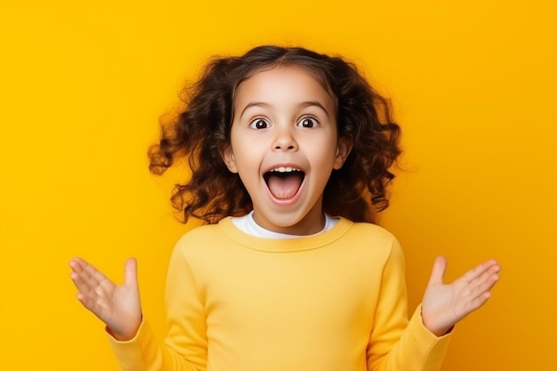 Photo generative ai portrait of young excited shocked crazy smiling girl child kid hold hands isolated o