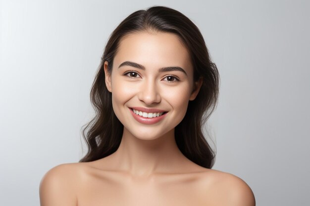 Generative AI Portrait of young happy woman looks in camera Skin care beauty skincare cosmetics