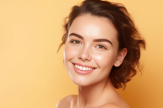 Generative AI Portrait of young happy woman looks in camera Skin care beauty skincare cosmetics