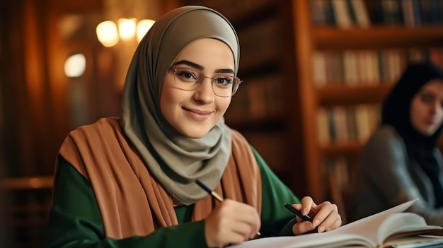 Generative AI portrait of a young woman studying with a pal in a vintage library while donning a hijab