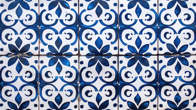 Generative AI Portuguese style ceramic tile vintage exterior decoration blue and white