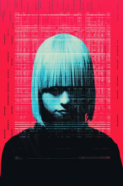 Photo generative ai poster with fashion woman face in risograph and glitch style vivid colors