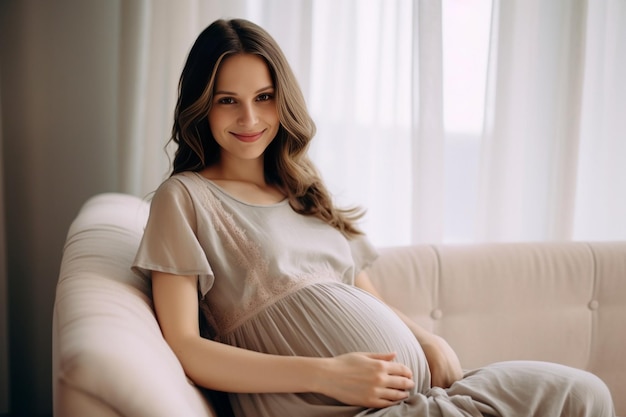 Generative AI Pregnant woman sitting on coach at home close up of belly