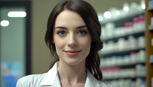 Generative AI pretty young female pharmacist working in a drugstorexA