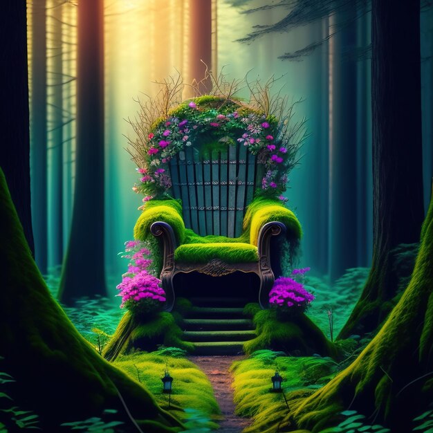 Generative AI princess or fairy throne for children's tales in the forest