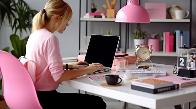 Фото Генеративный ии создает реалистичное изображение женщины, использующей компьютер в офисе с розовыми и черными аксессуарами.