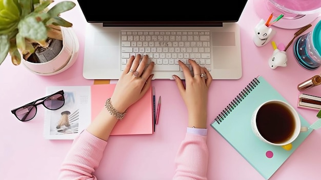 Генеративный ИИ создает реалистичное изображение женщины, использующей компьютер в офисе с розовыми и черными аксессуарами.