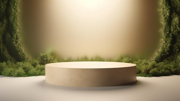 Generative ai product beige minimal scene with geometric podium platform and moss plants mock up