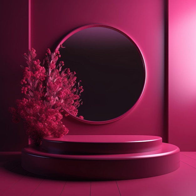 Generative AI product viva magenta minimal scene with geometric podium platform and flowers mock up