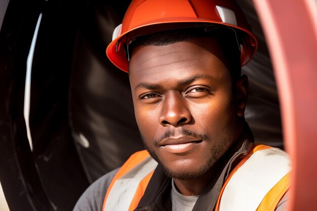 Generative ai professional black worker wearing safety vest and hard hat